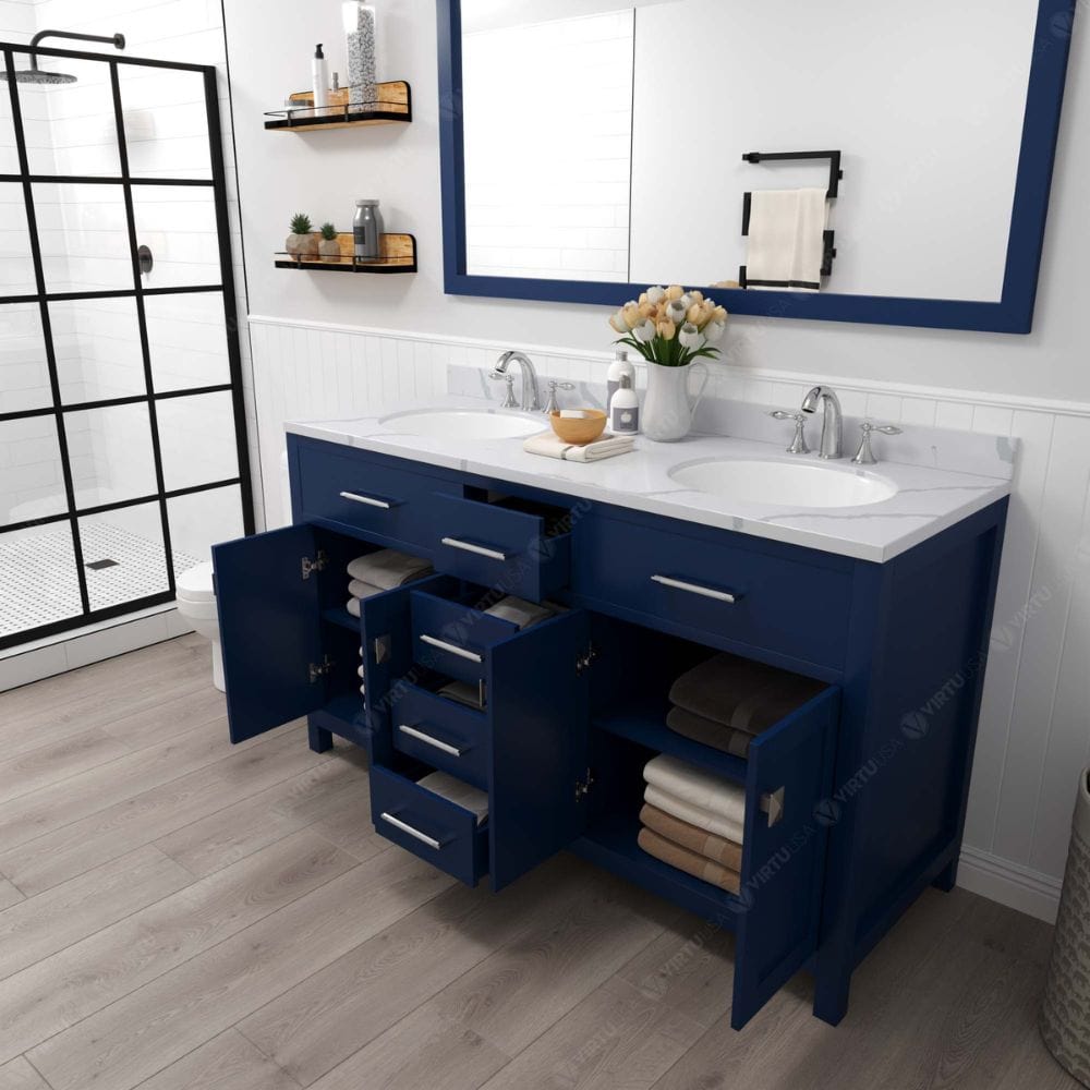 Virtu USA Vanities Caroline Avenue French Blue 60" Double Round Sink Vanity with Calacatta Quartz Top | MD-2060-CCRO-FB