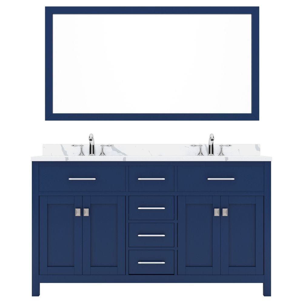 Virtu USA Caroline Avenue 60" Double Bath Vanity in French Blue with Calacatta Quartz Top and Square Sink with Brushed Nickel Faucet with Matching Mirror | MD-2060-CCSQ-FB-001