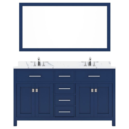 Virtu USA Caroline Avenue 60" Double Bath Vanity in French Blue with Calacatta Quartz Top and Square Sink with Brushed Nickel Faucet with Matching Mirror | MD-2060-CCSQ-FB-001