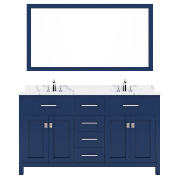 Virtu USA Caroline Avenue 60 Double Bath Vanity in French Blue with Calacatta Quartz Top and Square Sink with Brushed Nickel Faucet with Matching Mirror | MD-2060-CCSQ-FB-001