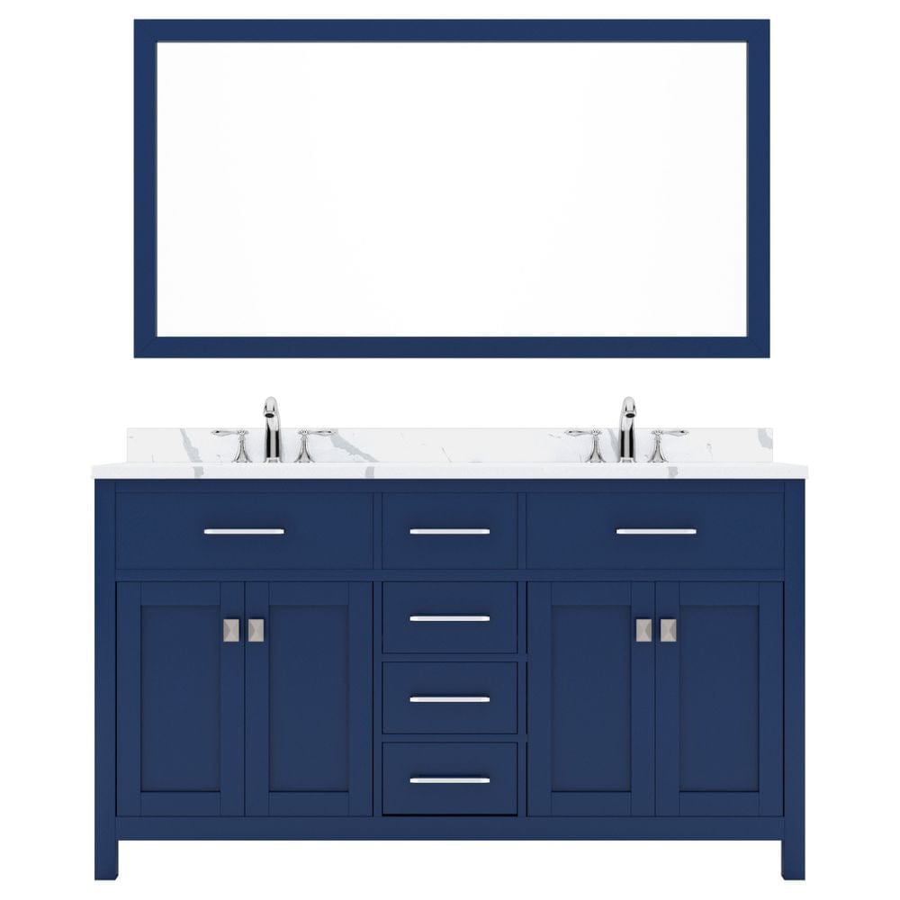 Virtu USA Caroline Avenue 60" Double Bath Vanity in French Blue with Calacatta Quartz Top and Square Sink with Polished Chrome Faucet with Matching Mirror |MD-2060-CCSQ-FB-002
