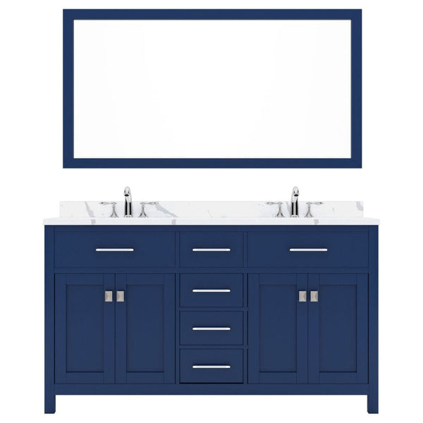 Virtu USA Caroline Avenue 60 Double Bath Vanity in French Blue with Calacatta Quartz Top and Square Sink with Polished Chrome Faucet with Matching Mirror |MD-2060-CCSQ-FB-002