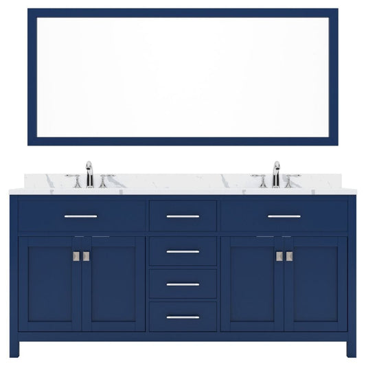 Virtu USA Caroline Avenue 72" Double Bath Vanity in French Blue with Calacatta Quartz Top and Square Sink with Polished Chrome Faucet with Matching Mirror | MD-2072-CCRO-FB-002