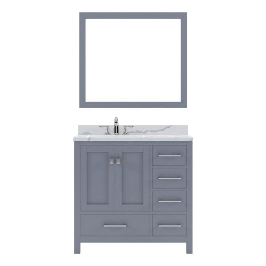 Virtu USA Caroline Avenue 36" Single Bath Vanity in Gray  with Calacatta Quartz Top and Round Sink with Brushed Nickel Faucet with Matching Mirror | GS-50036-CCRO-GR-001