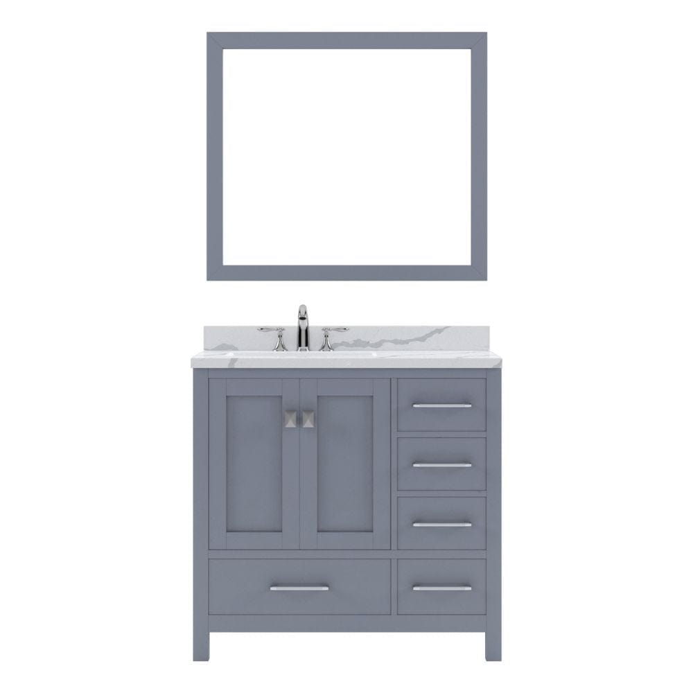 Virtu USA Caroline Avenue 36" Single Bath Vanity in Gray with Calacatta Quartz Top and Round Sink with Polished Chrome Faucet with Matching Mirror | GS-50036-CCRO-GR-002