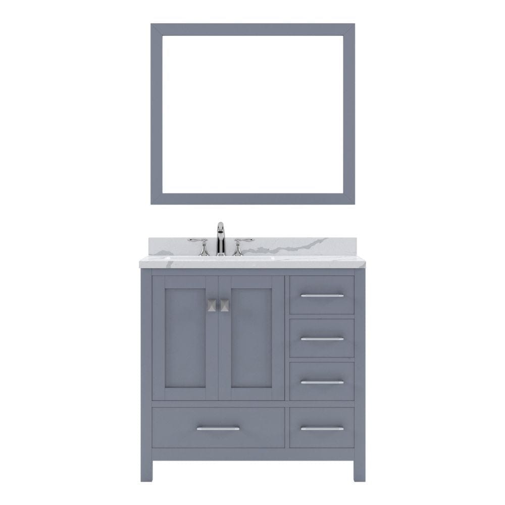 Virtu USA Caroline Avenue 36" Single Bath Vanity in Gray with Calacatta Quartz Top and Square Sink with Polished Chrome Faucet with Matching Mirror | GS-50036-CCSQ-GR-002