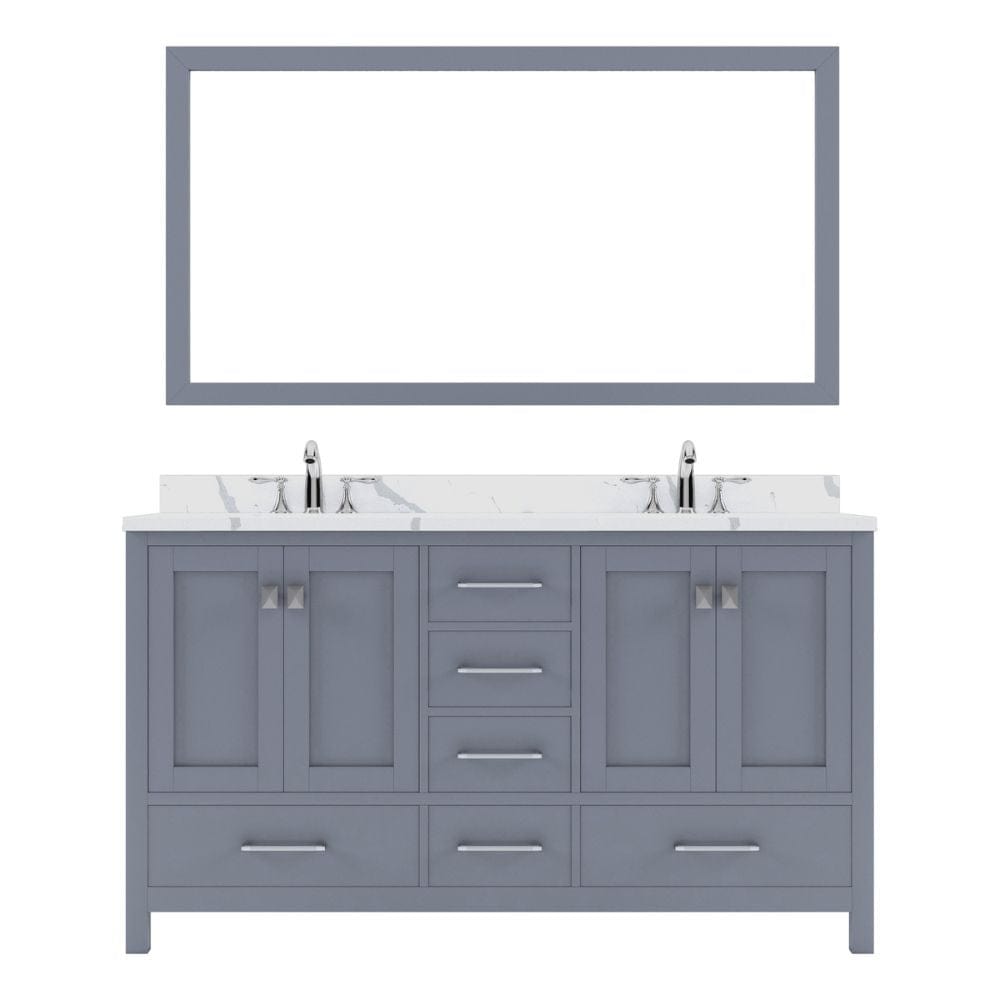 Virtu USA Caroline Avenue 60" Double Bath Vanity in Gray with Calacatta Quartz Top and Square Sinks with Polished Chrome Faucets with Matching Mirror | GD-50060-CCSQ-GR-002