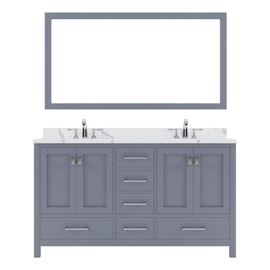 Virtu USA Caroline Avenue 60" Double Bath Vanity in Gray with Calacatta Quartz Top and Square Sinks with Polished Chrome Faucets with Matching Mirror | GD-50060-CCSQ-GR-002