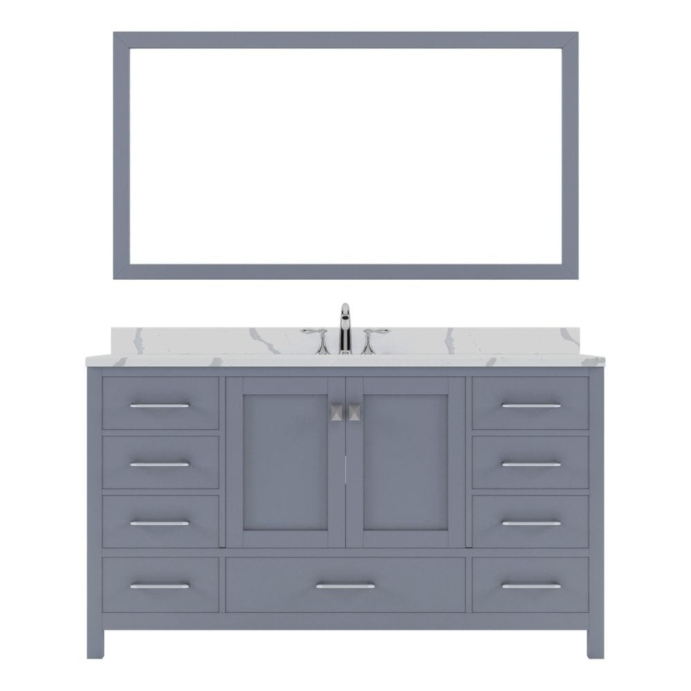 Virtu USA Caroline Avenue 60" Single Bath Vanity in Gray with Calacatta Quartz Top and Round Sink with Brushed Nickel Faucet with Matching Mirror | GS-50060-CCRO-GR-001