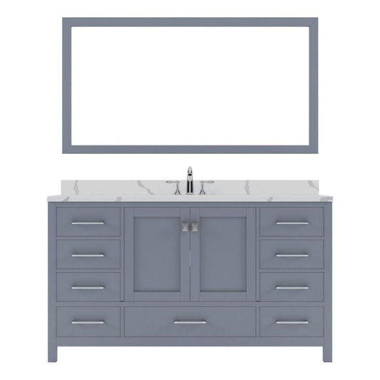 Virtu USA Caroline Avenue 60" Single Bath Vanity in Gray with Calacatta Quartz Top and Round Sink with Brushed Nickel Faucet with Matching Mirror | GS-50060-CCRO-GR-001