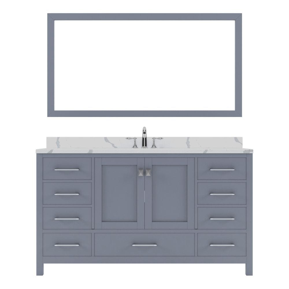 Virtu USA Caroline Avenue 60" Single Bath Vanity in Gray with Calacatta Quartz Top and Round Sink with Polished Chrome Faucet with Matching Mirror |GS-50060-CCRO-GR-002