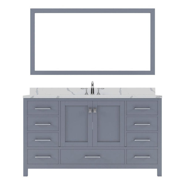 Virtu USA Caroline Avenue 60 Single Bath Vanity in Gray with Calacatta Quartz Top and Round Sink with Brushed Nickel Faucet with Matching Mirror | GS-50060-CCSQ-GR-001