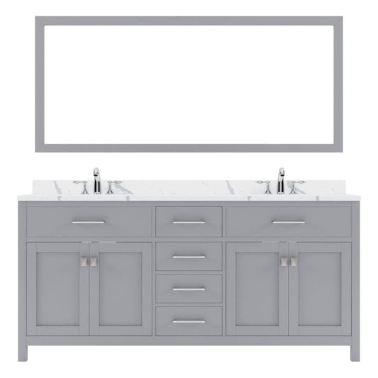 Virtu USA Caroline Avenue 72" Double Bath Vanity in Gray with Calacatta Quartz Top and Square Sink with Brushed Nickel Faucet with Matching Mirror | MD-2072-CCRO-GR-001