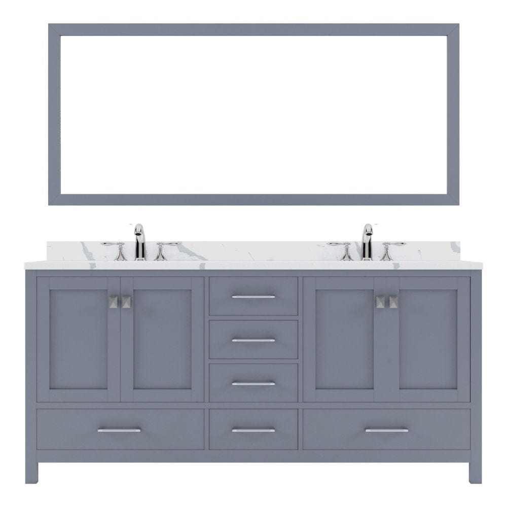 Virtu USA Caroline Avenue 72" Double Bath Vanity in Gray with Calacatta Quartz Top and Round Sinks with Brushed Nickel Faucets with Matching Mirror | GD-50072-CCRO-GR-001