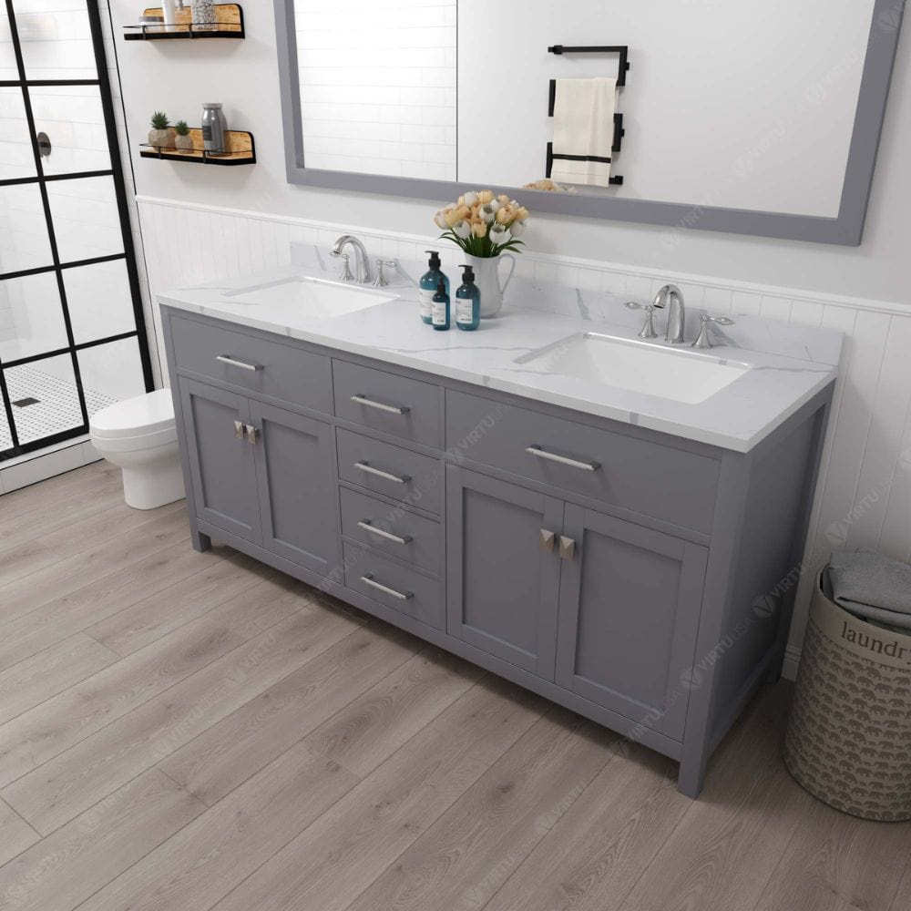 Caroline Avenue Gray 72" Double Square Sink Vanity Set with Brushed Nickel Faucet | MD-2072-CCSQ-GR-001