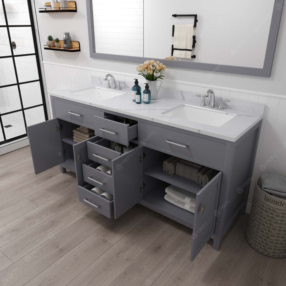 Caroline Avenue Gray 72" Double Square Sink Vanity with Calacatta Quartz Top | MD-2072-CCSQ-GR