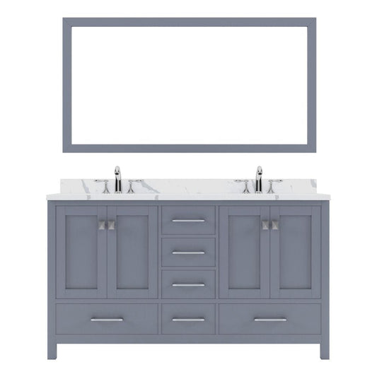 Virtu USA Caroline Avenue 60" Double Bath Vanity in Gray with Calacatta Quartz Top and Round Sinks with Brushed Nickel Faucets with Matching Mirror | GD-50060-CCRO-GR-001