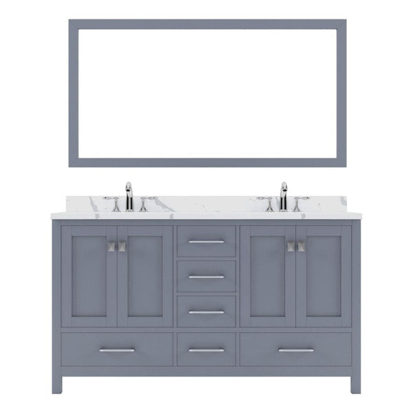 Virtu USA Caroline Avenue 60 Double Bath Vanity in Gray with Calacatta Quartz Top and Round Sinks with Brushed Nickel Faucets with Matching Mirror | GD-50060-CCRO-GR-001