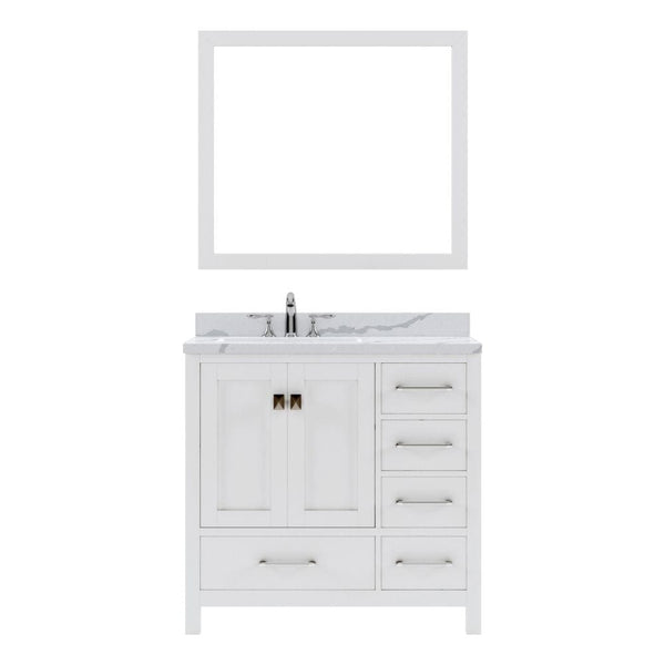 Virtu USA Caroline Avenue 36 Single Bath Vanity in White with Calacatta Quartz Top and Round Sink with Brushed Nickel Faucet with Matching Mirror | GS-50036-CCRO-WH-001
