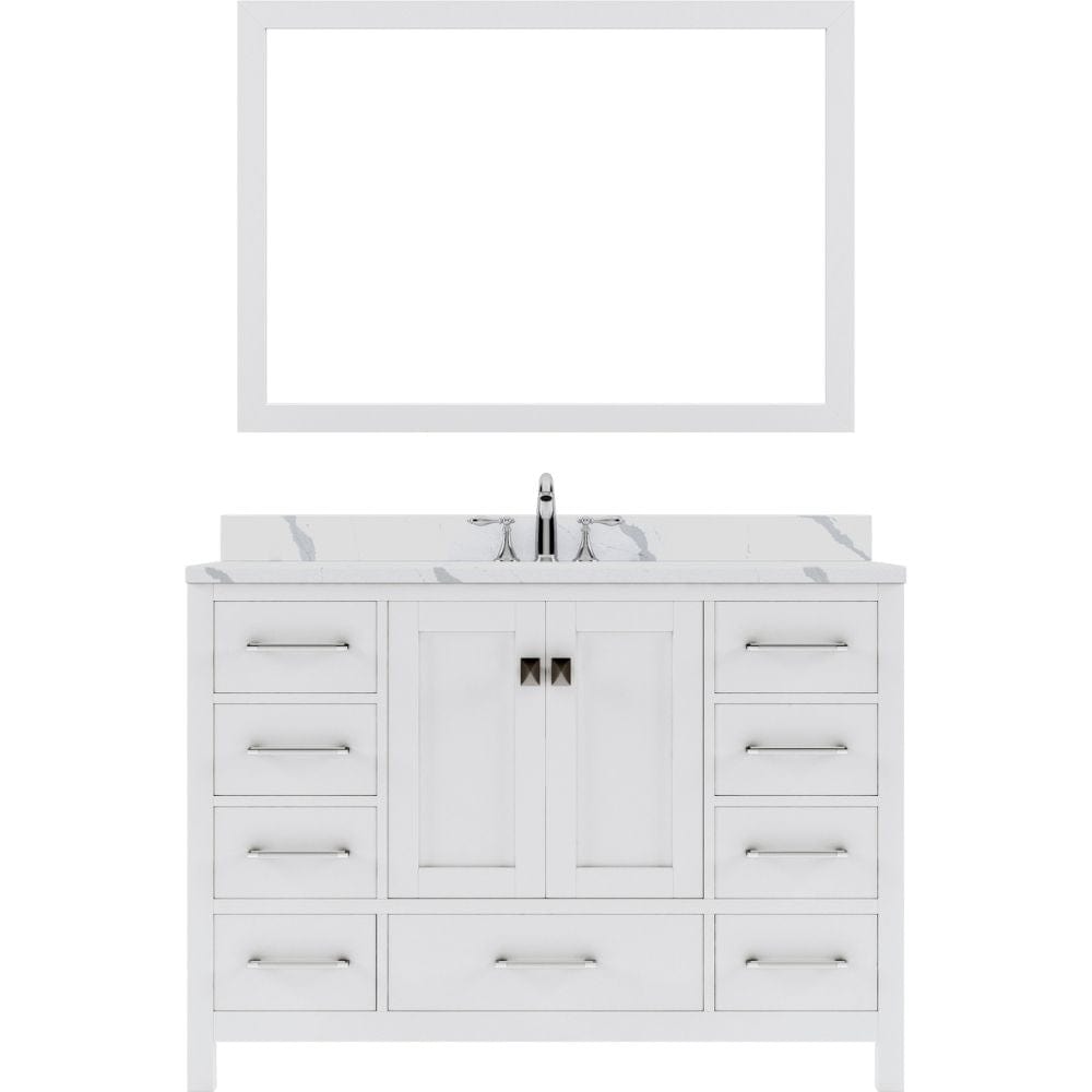 Virtu USA Caroline Avenue 48" Single Bath Vanity in White with Calacatta Round Top and Round Sink with Polished Chrome Faucet with Matching Mirror | GS-50048-CCRO-WH-002