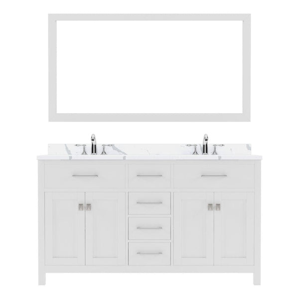 Virtu USA Caroline Avenue 60 Double Bath Vanity in White with Calacatta Quartz Top and Round Sink with Polished Chrome Faucet with Matching Mirror | MD-2060-CCRO-WH-002