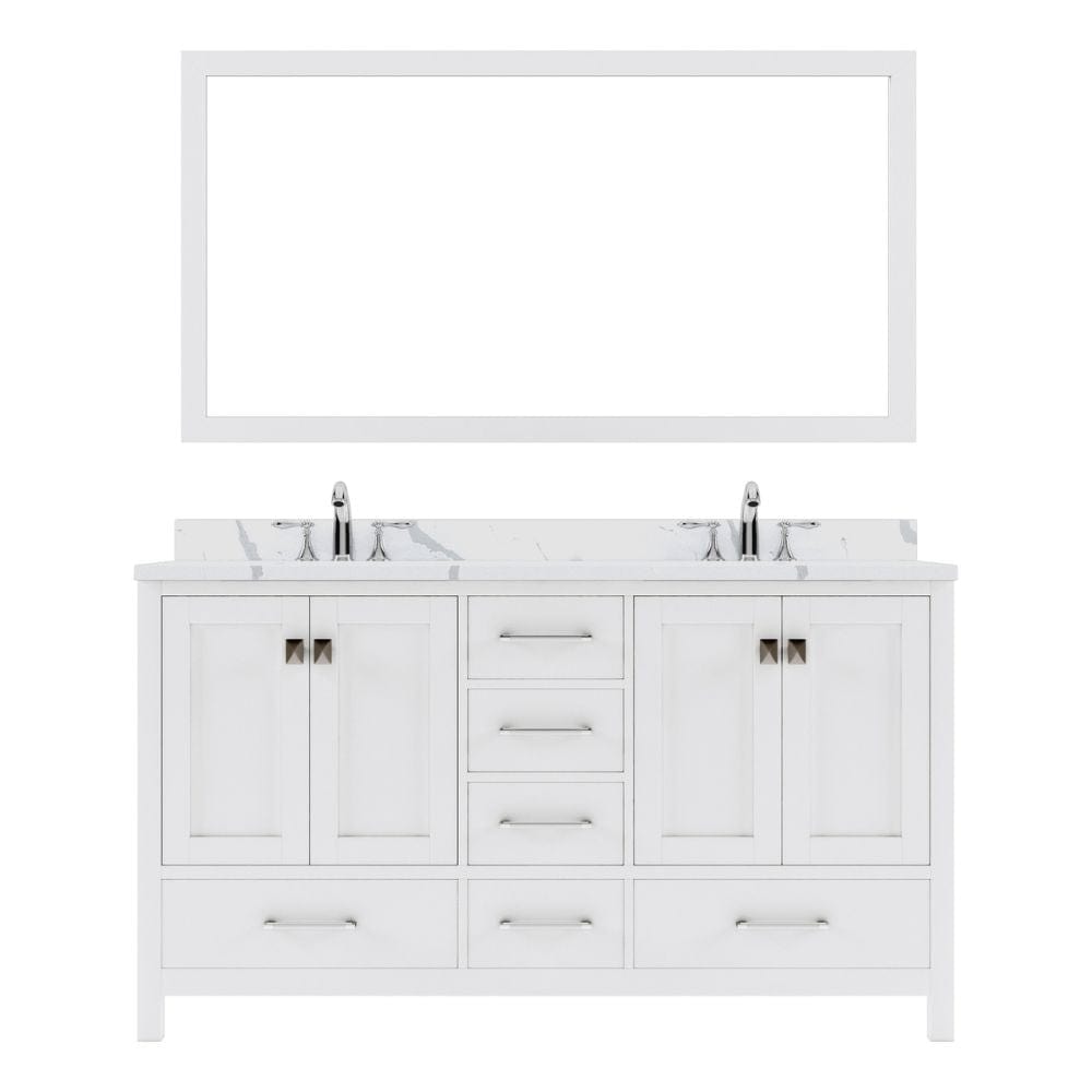 Virtu USA Caroline Avenue 60" Double Bath Vanity in White with Calacatta Quartz Top and Square Sinks with Polished Chrome Faucets with Matching Mirror | GD-50060-CCSQ-WH-002