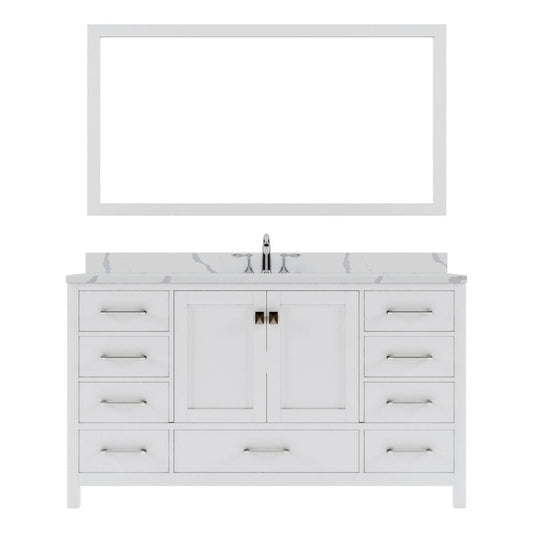 Virtu USA Caroline Avenue 60" Single Bath Vanity in White with Calacatta Quartz Top and Round Sink with Brushed Nickel Faucet with Matching Mirror | GS-50060-CCRO-WH-001