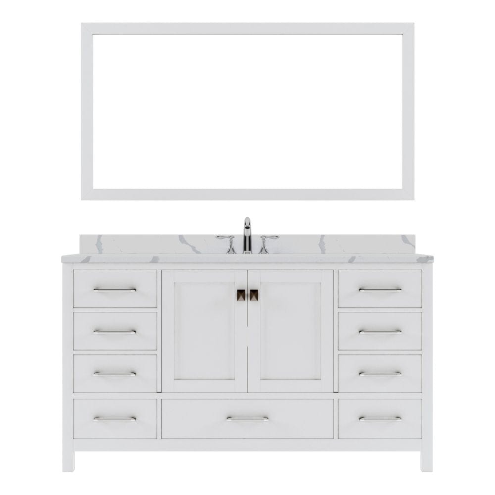 Virtu USA Caroline Avenue 60" Single Bath Vanity in White with Calacatta Quartz Top and Round Sink with Polished Chrome Faucet with Matching Mirror | GS-50060-CCRO-WH-002