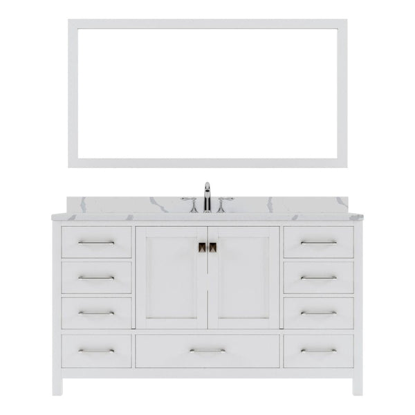 Virtu USA Caroline Avenue 60 Single Bath Vanity in White with Calacatta Quartz Top and Square Sink with Brushed Nickel Faucet with Matching Mirror | GS-50060-CCSQ-WH-001