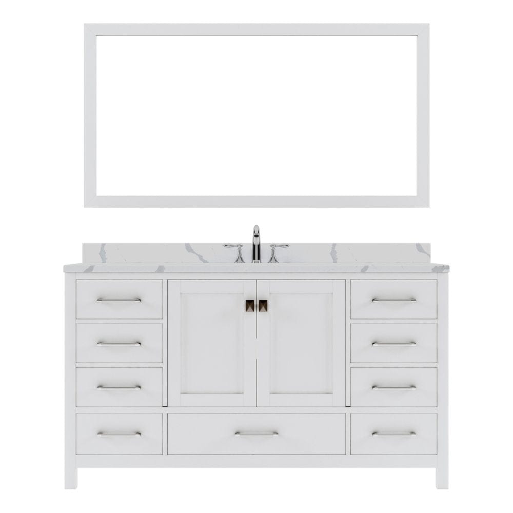Virtu USA Caroline Avenue 60" Single Bath Vanity in White with Calacatta Quartz Top and Square Sink with Polished Chrome Faucet with Matching Mirror | GS-50060-CCSQ-WH-002