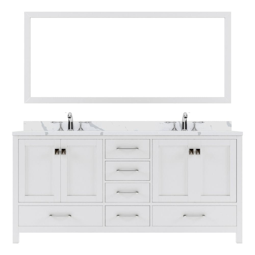 Virtu USA Caroline Avenue 72" Double Bath Vanity in White with Calacatta Quartz Top and Round Sinks with Polished Chrome Faucets with Matching Mirror | GD-50072-CCRO-WH-002