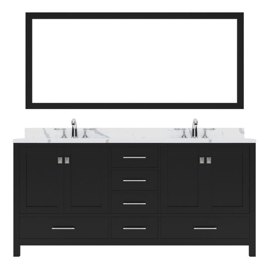 Virtu USA Caroline Avenue 72" Double Bath Vanity in Gray with Calacatta Quartz Top and Square Sinks with Brushed Nickel Faucets with Matching Mirror | GD-50072-CCSQ-ES-001