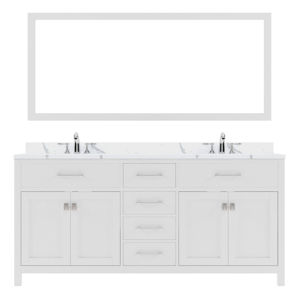 Virtu USA Caroline Avenue 72" Double Bath Vanity in White with Calacatta Quartz Top and Square Sink with Brushed Nickel Faucet with Matching Mirror | MD-2072-CCSQ-WH-001