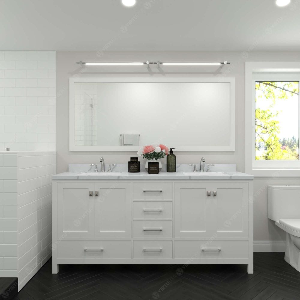 Caroline Avenue White 72" Double Square Sink Vanity with Calacatta Quartz Top, No Mirror | GD-50072-CCSQ-WH-NM