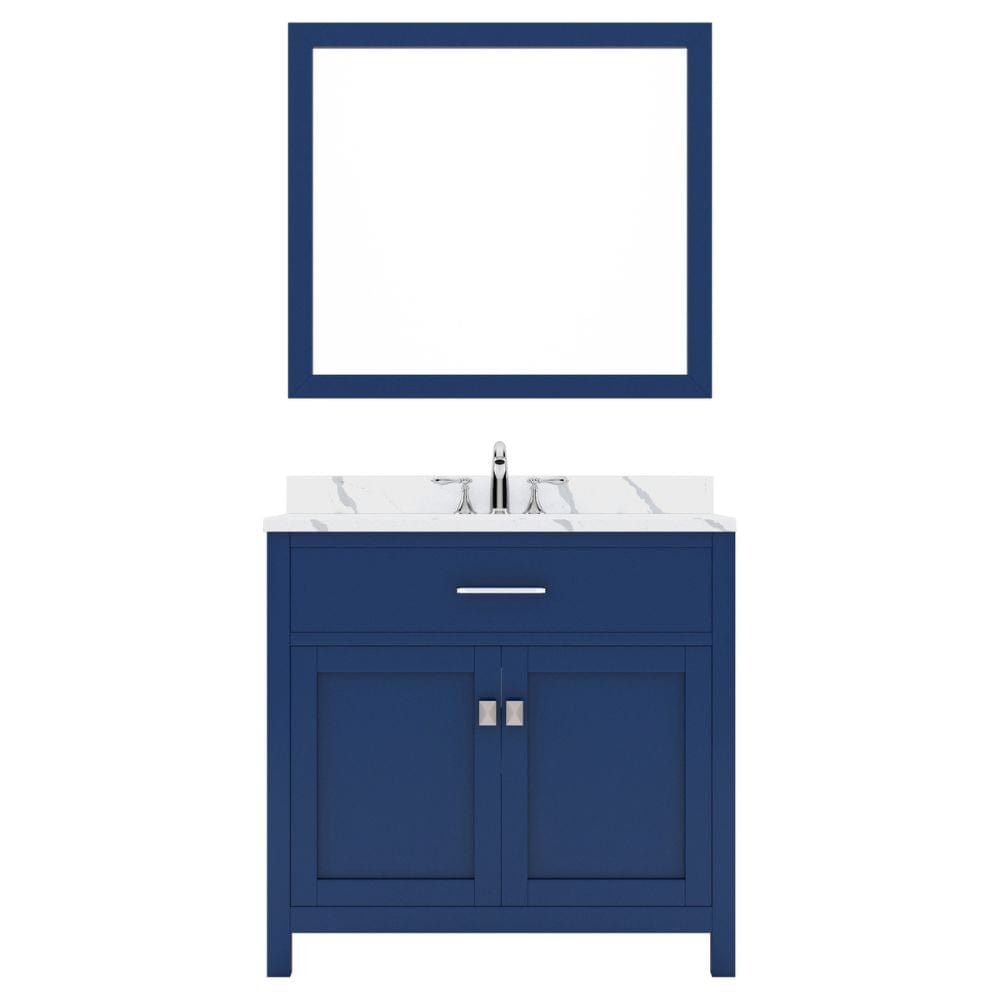 Virtu USA Caroline 36" Single Bath Vanity in French Blue with Calacatta Quartz Top and Round Sink with Brushed Nickel Faucet with Matching Mirror | MS-2036-CCRO-FB-001