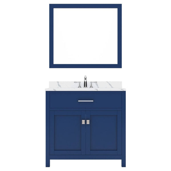 Virtu USA Caroline 36 Single Bath Vanity in French Blue with Calacatta Quartz Top and Round Sink with Brushed Nickel Faucet with Matching Mirror | MS-2036-CCRO-FB-001