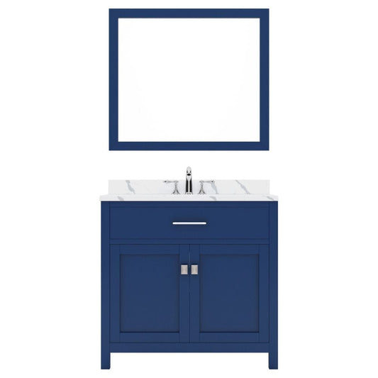 Virtu USA Caroline 36" Single Bath Vanity in French Blue with Calacatta Quartz Top and Round Sink with Polished Chrome Faucet with Matching Mirror | MS-2036-CCRO-FB-002