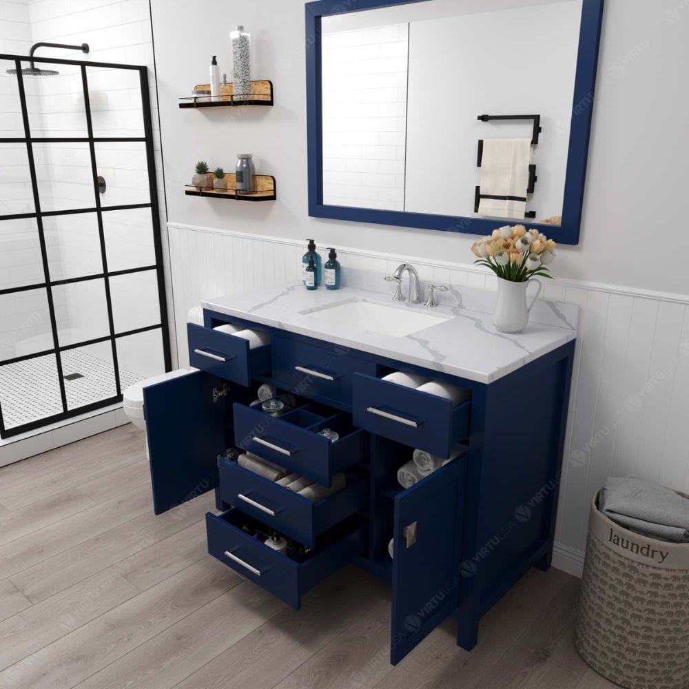 Functional & Versatile - Soft-closing door hinges and drawer glides provide added luxury, safety, and longevity. Each Caroline vanity is handcrafted with a 2" solid wood birch frame built to last a lifetime.