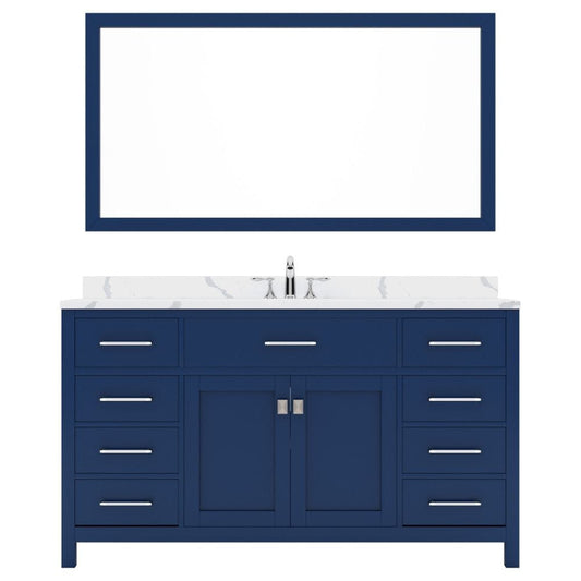 Virtu USA Caroline 60" Single Bath Vanity in French Blue with Calacatta Quartz Top and Round Sink with Brushed Nickel Faucet with Matching Mirror | MS-2060-CCRO-FB-001