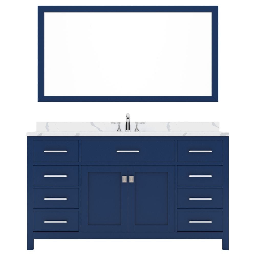 Virtu USA Caroline 60" Single Bath Vanity in French Blue with Calacatta Quartz Top and Round Sink with Brushed Nickel Faucet with Matching Mirror | MS-2060-CCRO-FB-001