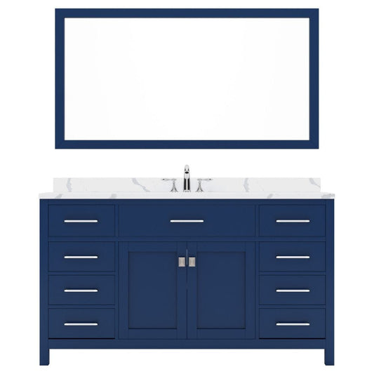 Virtu USA Caroline 60" Single Bath Vanity in French Blue with Calacatta Quartz Top and Round Sink with Polished Chrome Faucet with Matching Mirror | MS-2060-CCRO-FB-002
