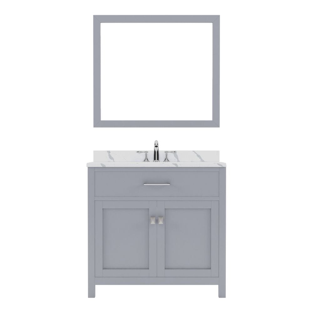Virtu USA Caroline 36" Single Bath Vanity in Gray with Calacatta Quartz Top and Round Sink with Brushed Nickel Faucet with Matching Mirror | MS-2036-CCRO-GR-001
