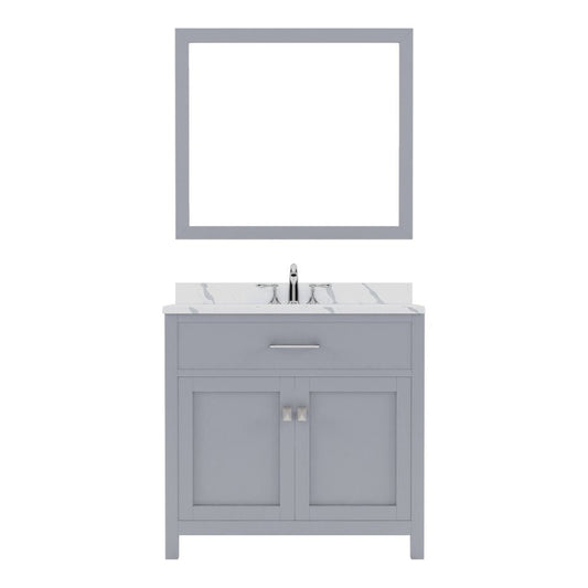 Virtu USA Caroline 36" Single Bath Vanity in Gray with Calacatta Quartz Top and Round Sink with Brushed Nickel Faucet with Matching Mirror | MS-2036-CCRO-GR-001