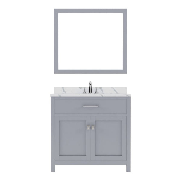 Virtu USA Caroline 36 Single Bath Vanity in Gray with Calacatta Quartz Top and Round Sink with Brushed Nickel Faucet with Matching Mirror | MS-2036-CCRO-GR-001