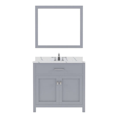 Virtu USA Caroline 36" Single Bath Vanity in Gray with Calacatta Quartz Top and Round Sink with Polished Chrome Faucet with Matching Mirror | MS-2036-CCRO-GR-002