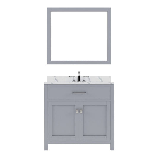 Virtu USA Caroline 36" Single Bath Vanity in Gray with Calacatta Quartz Top and Round Sink with Polished Chrome Faucet with Matching Mirror | MS-2036-CCRO-GR-002