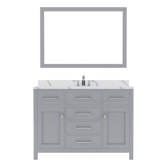 Virtu USA Caroline 48" Single Bath Vanity in Gray with Calacatta Quartz Top and Round Sink with Polished Chrome Faucet with Matching Mirror | MS-2048-CCRO-GR-002