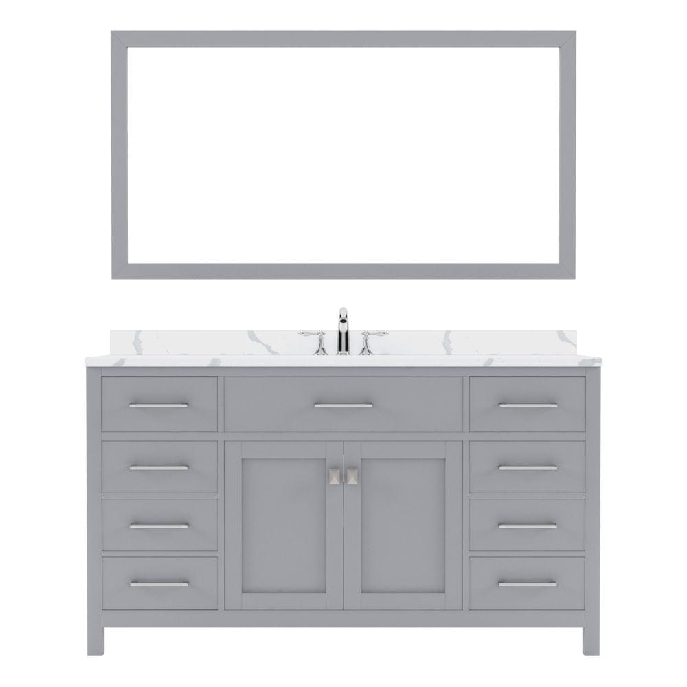 Virtu USA Caroline 60" Single Bath Vanity in Gray with Calacatta Quartz Top and Round Sink with Brushed Nickel Faucet with Matching Mirror | MS-2060-CCRO-GR-001