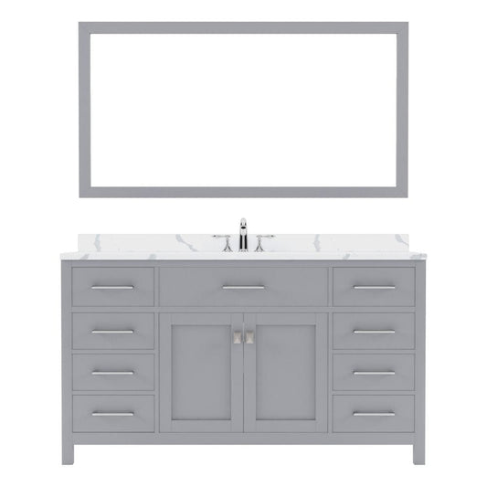 Virtu USA Caroline 60" Single Bath Vanity in Gray with Calacatta Quartz Top and Round Sink with Polished Chrome Faucet with Matching Mirror | MS-2060-CCRO-GR-002