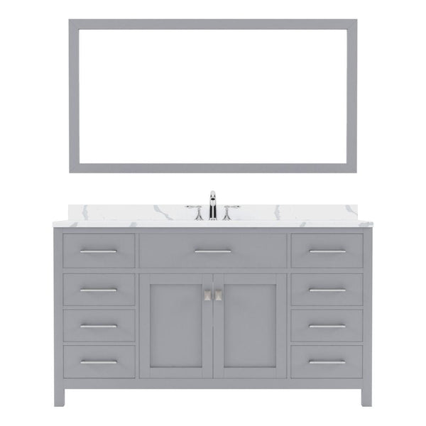 Virtu USA Caroline 60 Single Bath Vanity in Gray with Calacatta Quartz Top and Round Sink with Polished Chrome Faucet with Matching Mirror | MS-2060-CCRO-GR-002